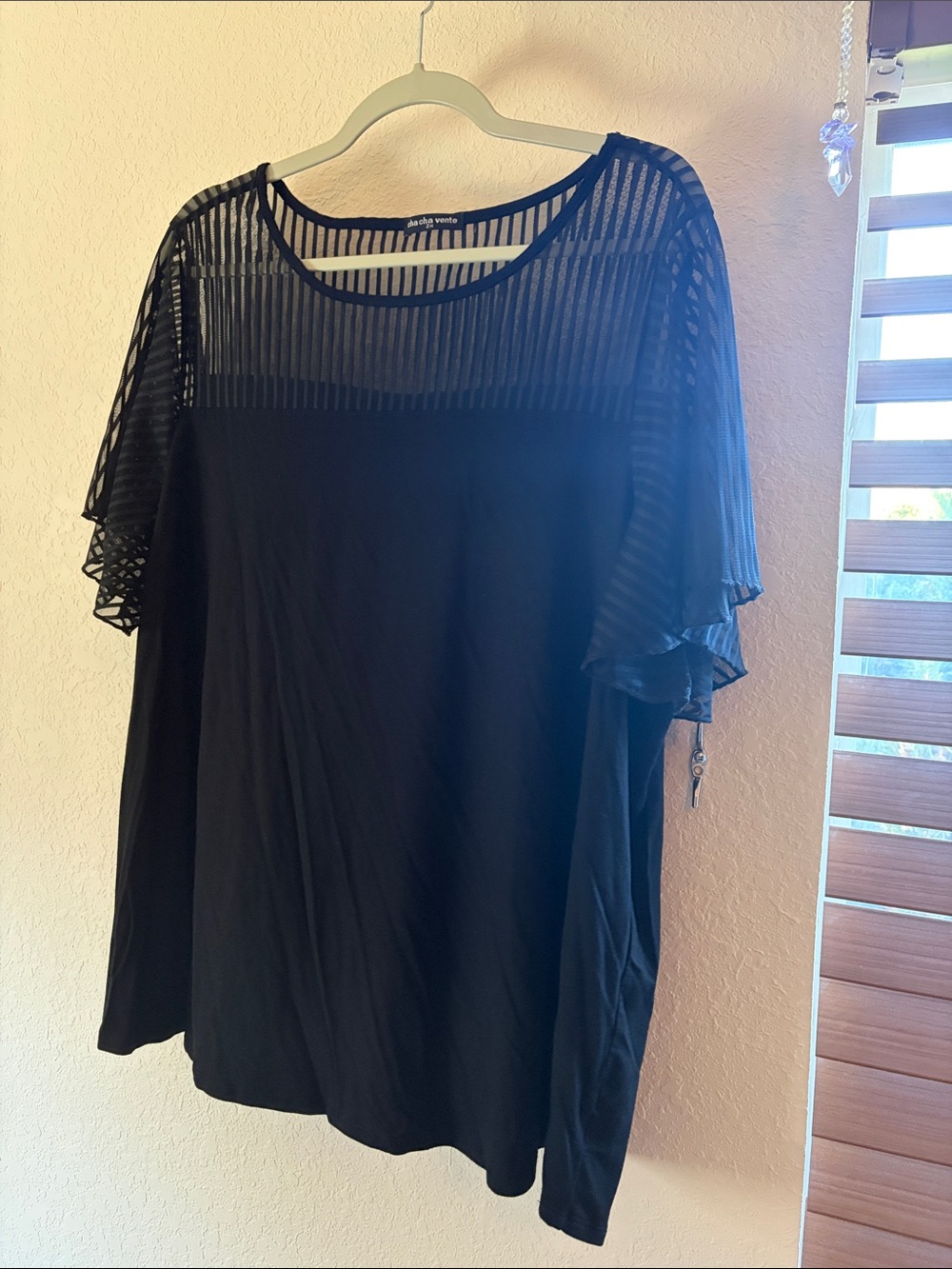cha cha vente Black Sheer Stripe Yoke Flutter Sleeve Tunic